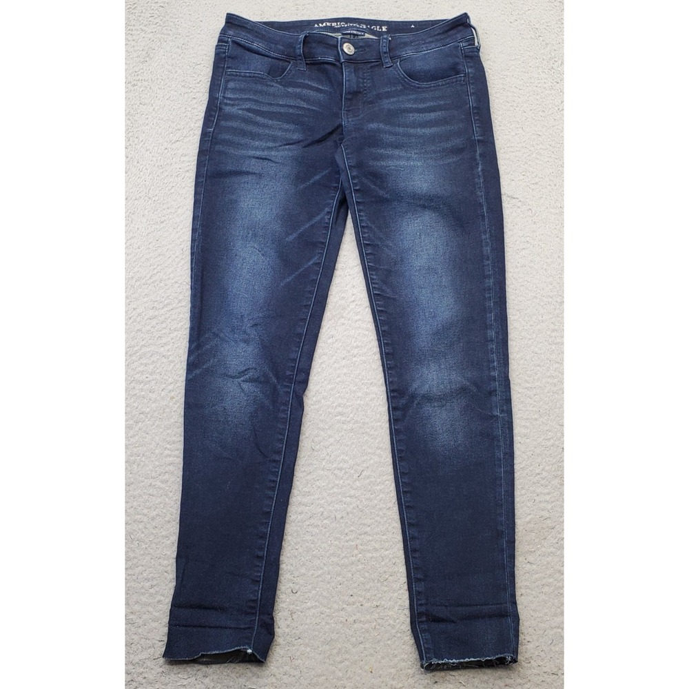 American Eagle Super Stretch X Jeans Womens 6 Blue Denim Whiskered Skinny Leg